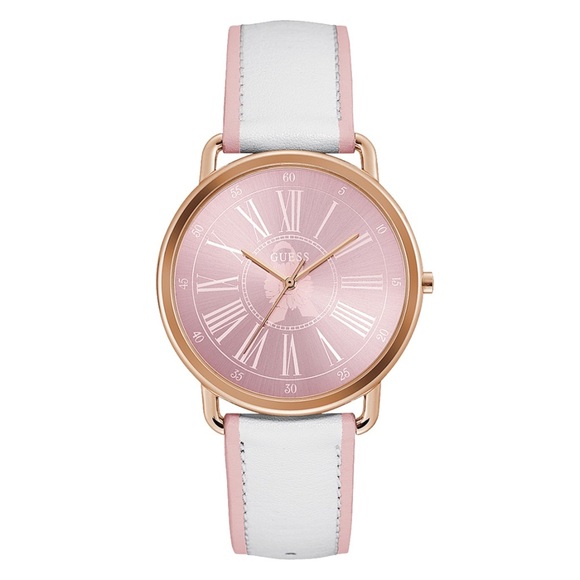 New GUESS LADIES ROSE GOLD TONE CASE WHITE GENUINE LEATHER WATCH - Picture 1 of 5